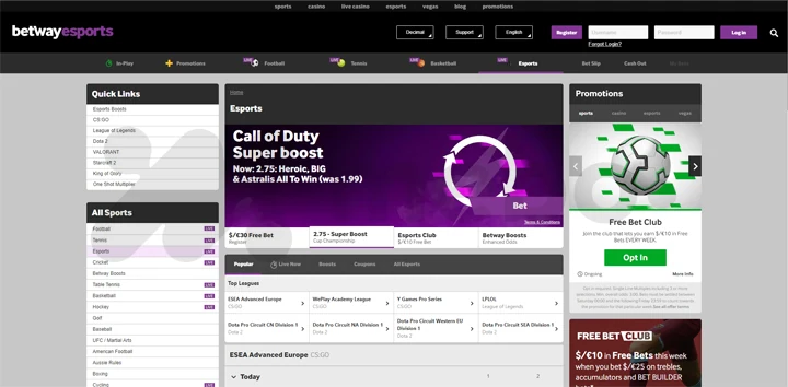  Betway Esports Odds Section
